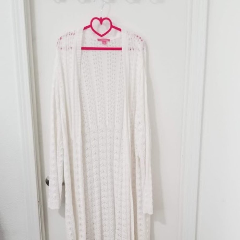 WHITE Pointelle Duster Cardigan Sweater